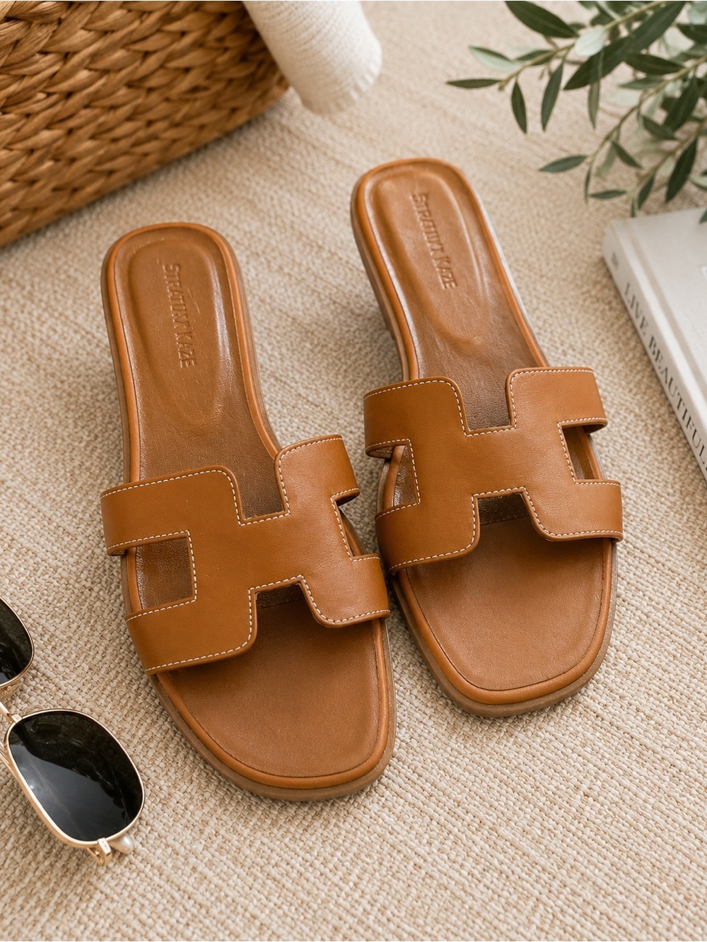 Stratuxx Kaze Brown H Cutout Slide Sandals Hermès Oran Inspired Size 8